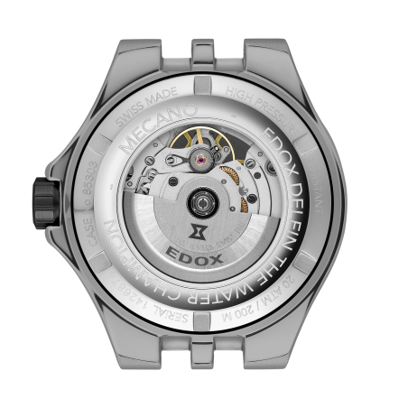 Fond de boîte gravé et transparent, détail décoration du mouvement Edox 853.