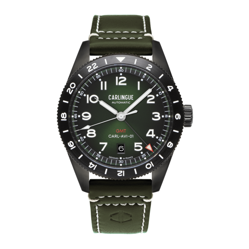 Montre automatique française Carlingue Aviation 01  Noir & Cuir Vert CT-002-A "Cuir"