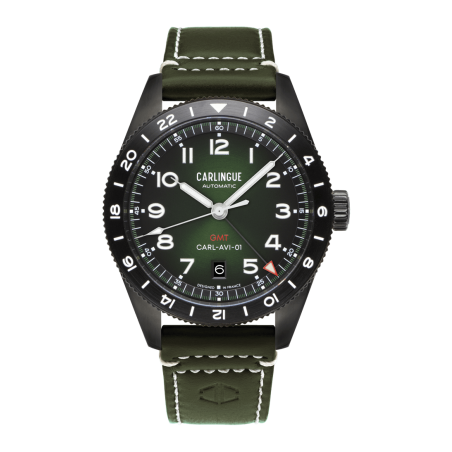 Montre automatique française Carlingue Aviation 01  Noir & Cuir Vert CT-002-A "Cuir"
