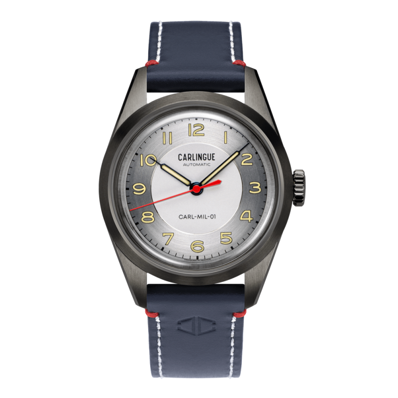 Carlingue Military 01 Acier grisé & Cuir bleu CT-003-A "Cuir"