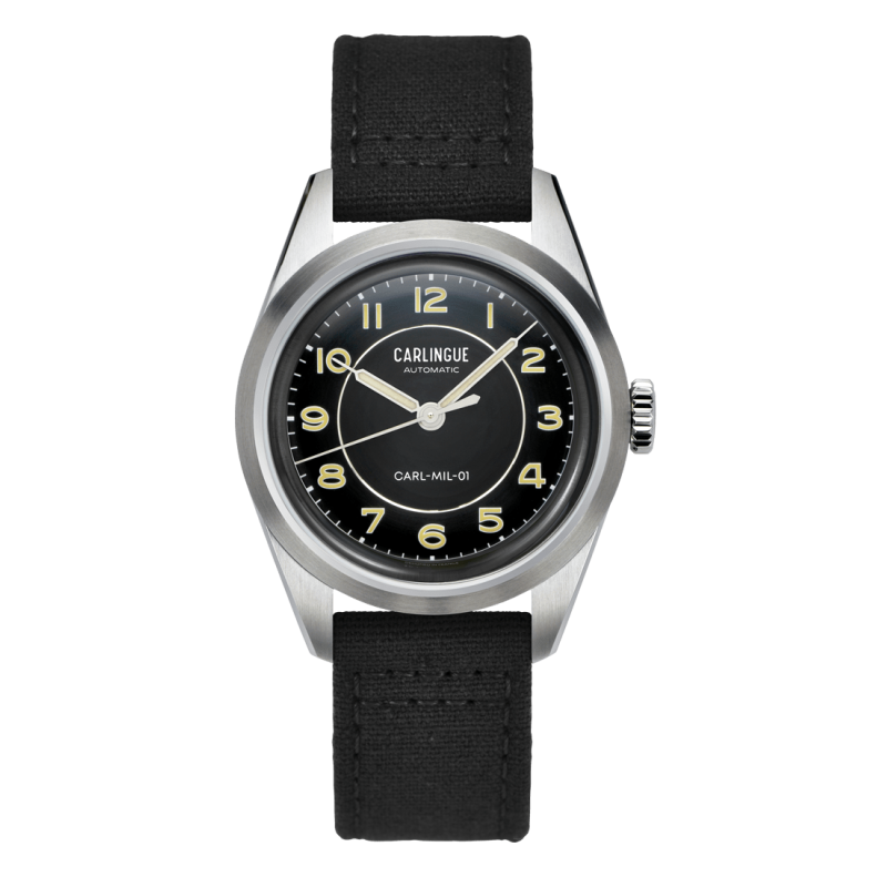 Carlingue Military 01 Noir CT-003-B, montre automatique Française avec cadran noir et bracelet en toile noir.