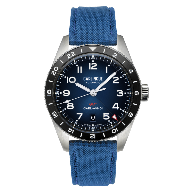 Carlingue Aviation 01 Bleu CT-002-C en acier et bracelet en Nylon bleu.