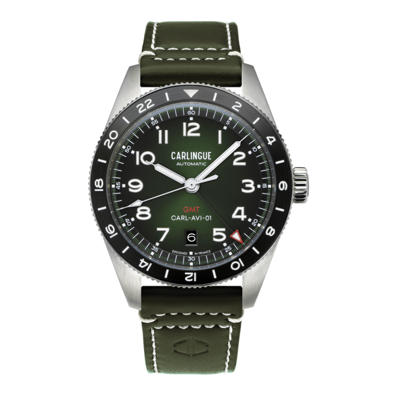Carlingue Aviation 01 Vert & Cuir Vert CT-002-D, montre en acier et bracelet cuir.