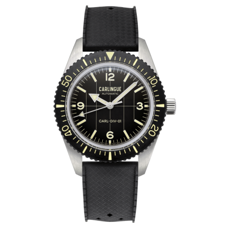 Montre automatique Carlingue Diver 01 Noir CT-001-B avec cadran, lunette et bracelet en silicone noirs.