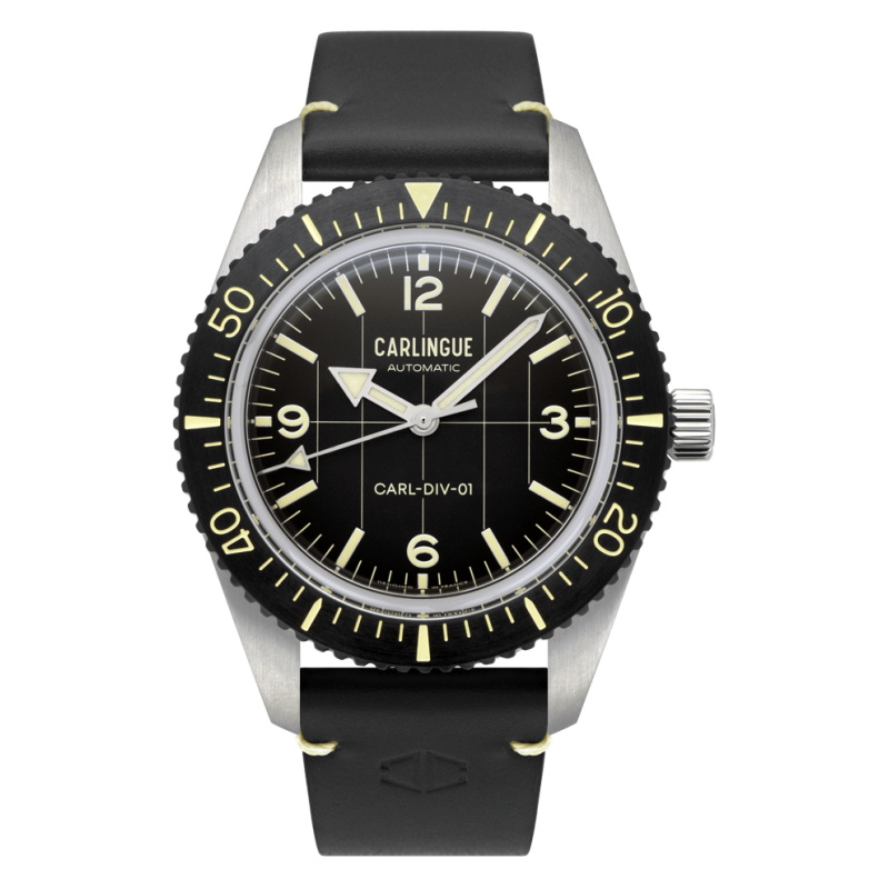 Carlingue Diver 01 Noir CT-001-B en acier et bracelet en cuir noir.