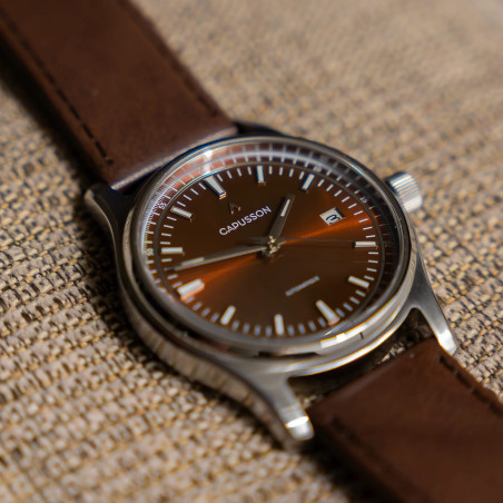 Capusson Havana Brown | French automatic watch, sunburst dial