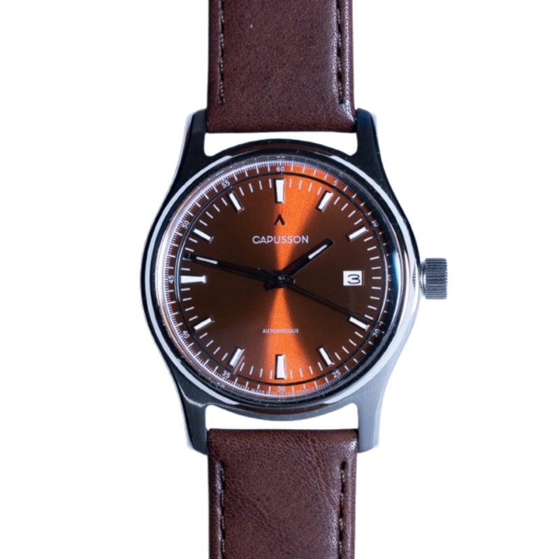 Capusson Havana Brown | French automatic watch, sunburst dial