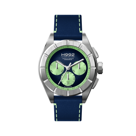 Montre chrono H992 H3 avec cadran bleu et vert pâle. Bracelet en cuir bleu et surpiqûres blanches.