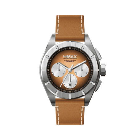 Montre de sport chronographe suisse H992 H3 cadran bronze et sous compteurs argent, bracelet en cuir marron.