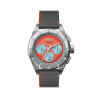 Montre suisse à complication chronographe en acier 316L avec cadran orange et bleu et bracelet en cuir noir.