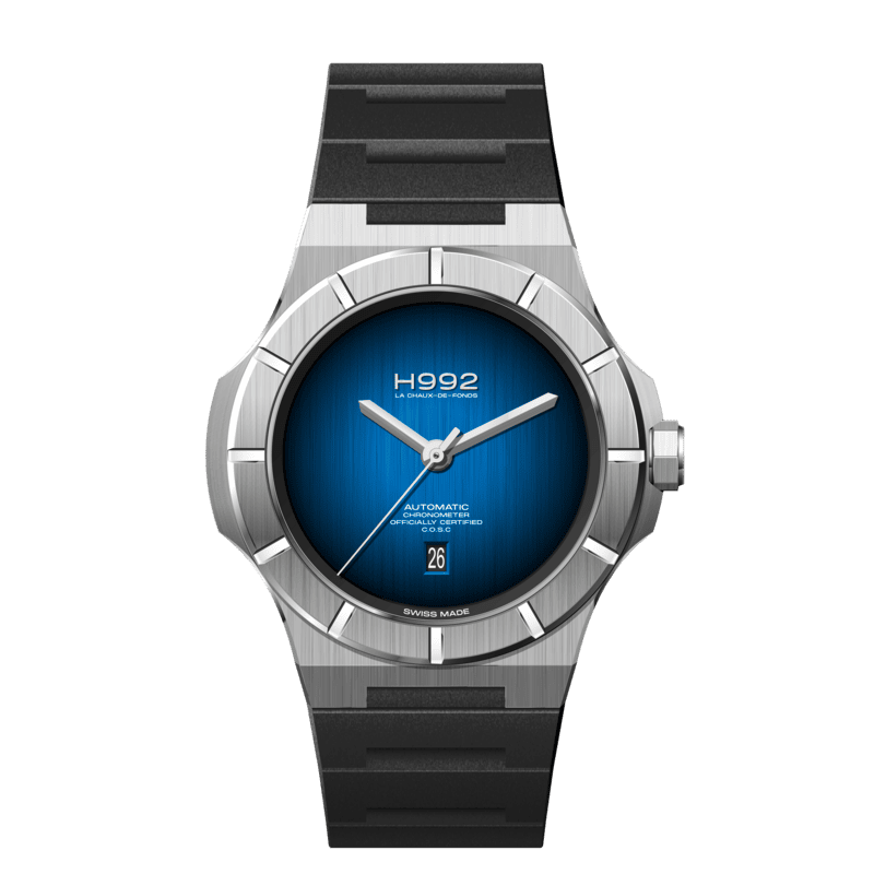 Montre H992 H4.2 acier et bracelet rubber noir. Avec un cadran bleu intense et une date à 6h.