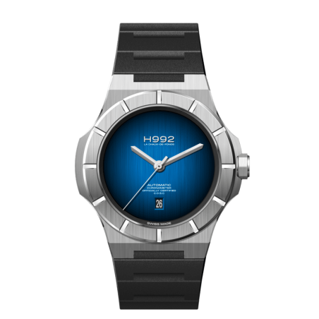 Montre H992 H4.2 acier et bracelet rubber noir. Avec un cadran bleu intense et une date à 6h.