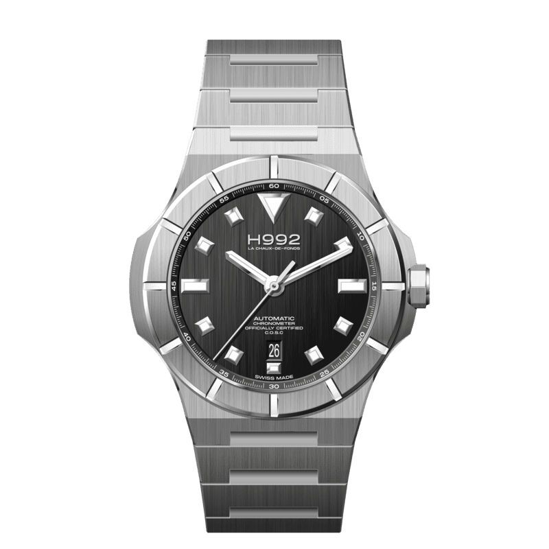 Montre Suisse made H992 H4 avec bracelet intégré en acier et cadran noir brossé.