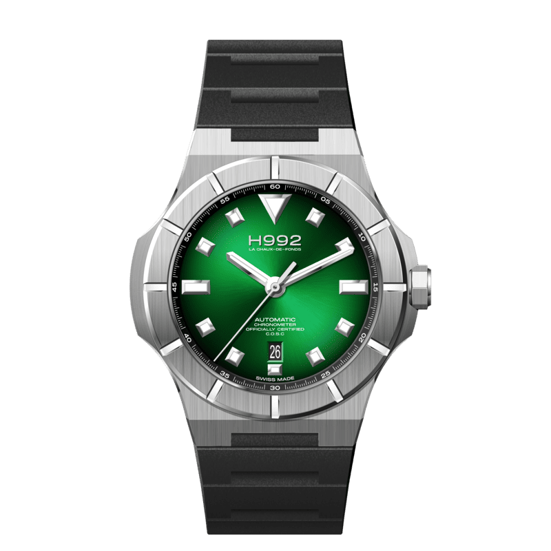 Montre H992 H4, calibre Sellita SW200, boîtier acier, cadran vert soleillé et bracelet caoutchouc.