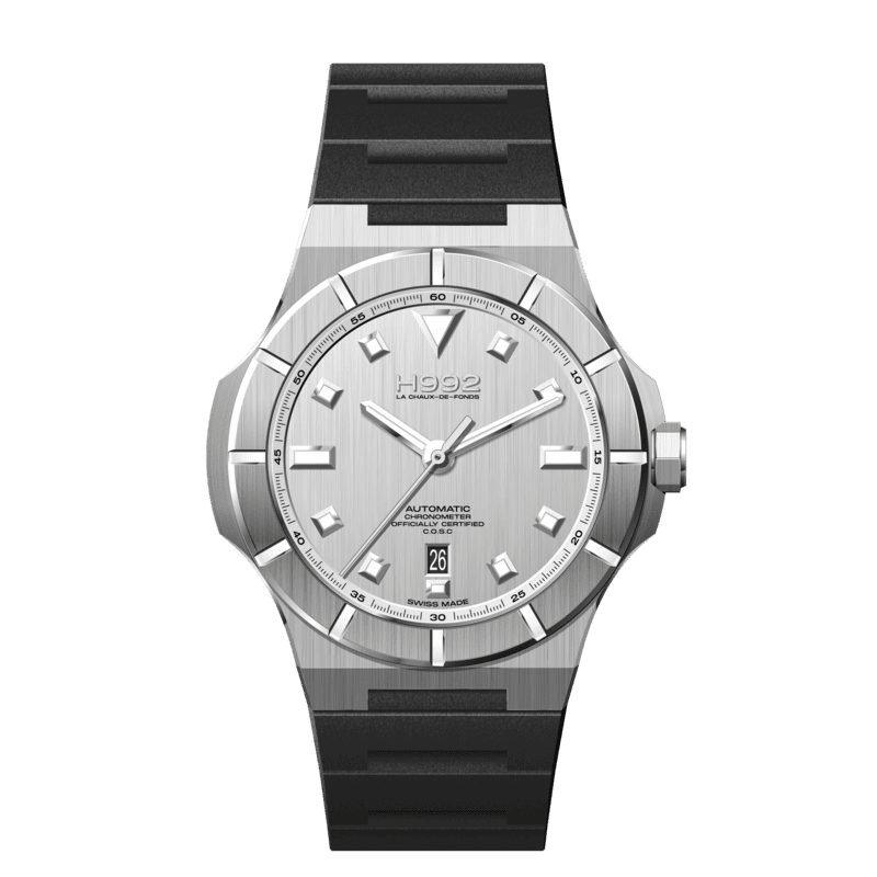 Montre automatique suisse H992 H4 avec cadran silver, date à 6h, bracelet en caoutchouc et boîtier en acier.