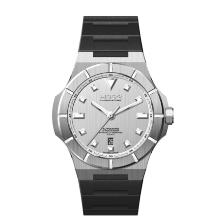 Montre automatique suisse H992 H4 avec cadran silver, date à 6h, bracelet en caoutchouc et boîtier en acier.
