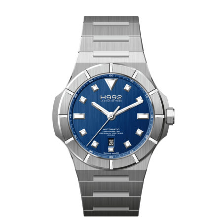 H992 H4 Blue Silver, montre automatique suisse en acier intégrale et cadran bleu profond.