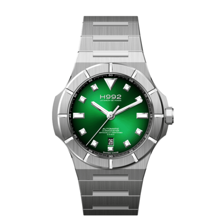 H992 H4 Green, boîtier acier, bracelet acier, boucle déployante et cadran vert émeraude soleillé.