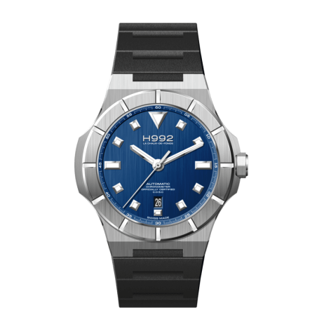 H992 H4 Blue, boîtier en acier, braclet en caoutchouc noir, boucle ardillon et cadran bleu.