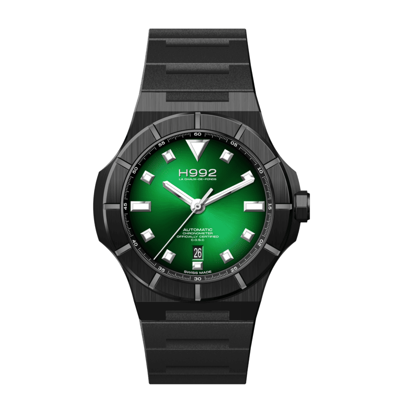 Montre suisse H992 H4 Green, boîtier et bracelet acier recouvert de DLC noir, cadran vert soleillé et date à 6h.