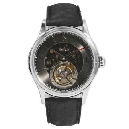 Montre Inercy ONE Skeleton en acier, cadran squelette et bracelet en cuir noir.