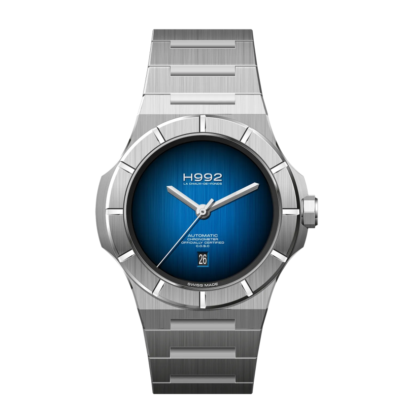 H992 H4.2 montre sport avec bracelet en acier intégré et son cadran épuré d'un bleu profond.