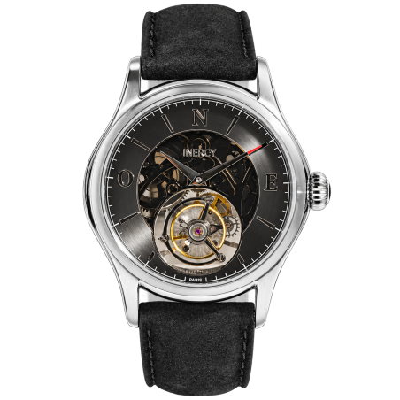 Montre Inercy ONE Skeleton en acier, cadran squelette et bracelet en cuir noir.