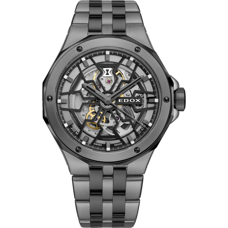 Edox Delfin the original mecano automatic 85303 357GNM NGN, montre squelette Suisse en acier.