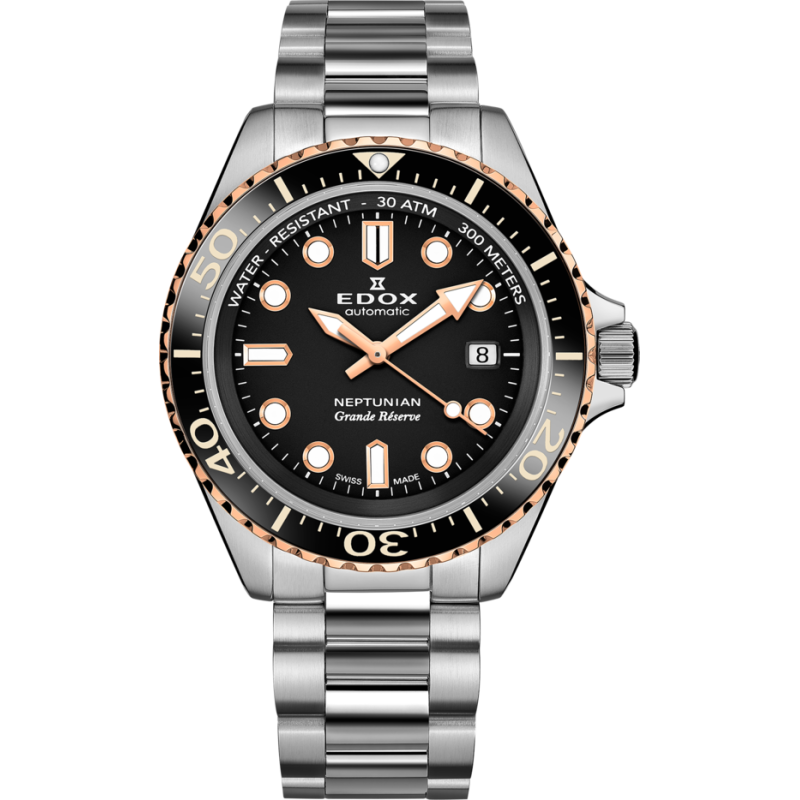 Montre Suisse Edox Neptunian grande réserve date automatic 80801 3NRM NIR, automatique en acier inoxydable 316L.