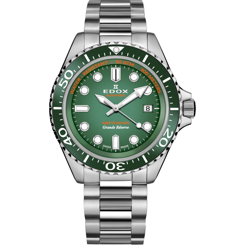 Montre de sport Edox Neptunian grande réserve date automatic 80801 3VM VDN en acier et cadran vert avec date.