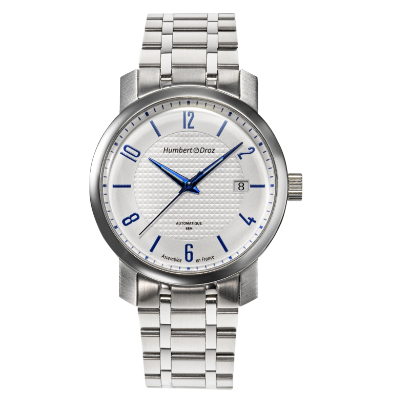 Montre automatique Française Humbert Droz HD8 Mont Blanc, en acier 316L et cadran blanc.