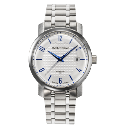 Montre automatique Française Humbert Droz HD8 Mont Blanc, en acier 316L et cadran blanc.